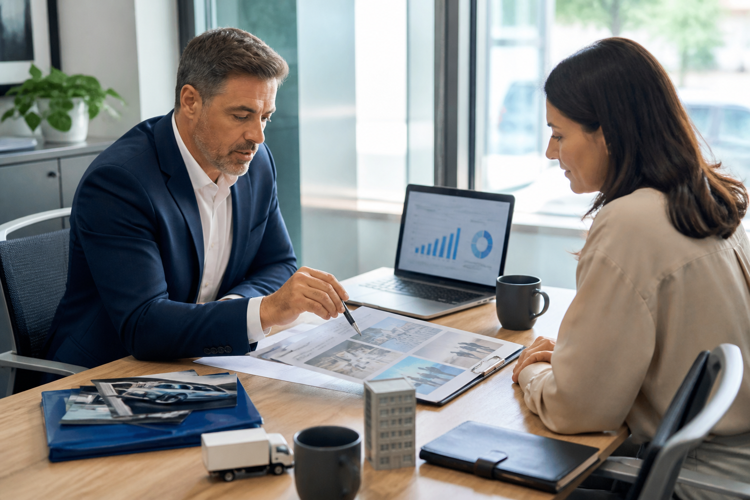Advisor reviewing commercial risk planning documents with a business owner